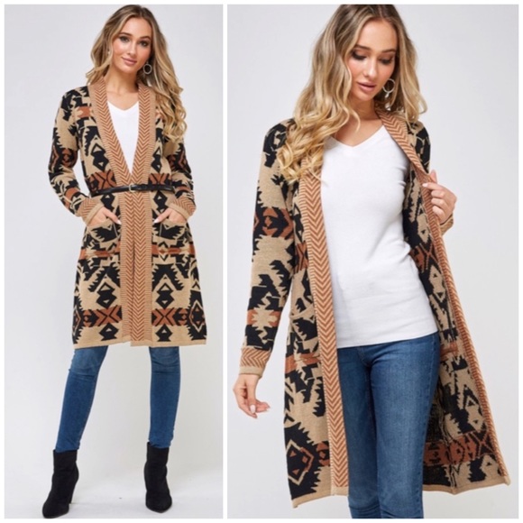 Mocha Aztec Western Boho Belted Cardigan Sweater Cardigans